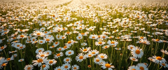 Endless field of daisies bathed in soft spring light, ideal for repeating patterns, delicate, meadow
