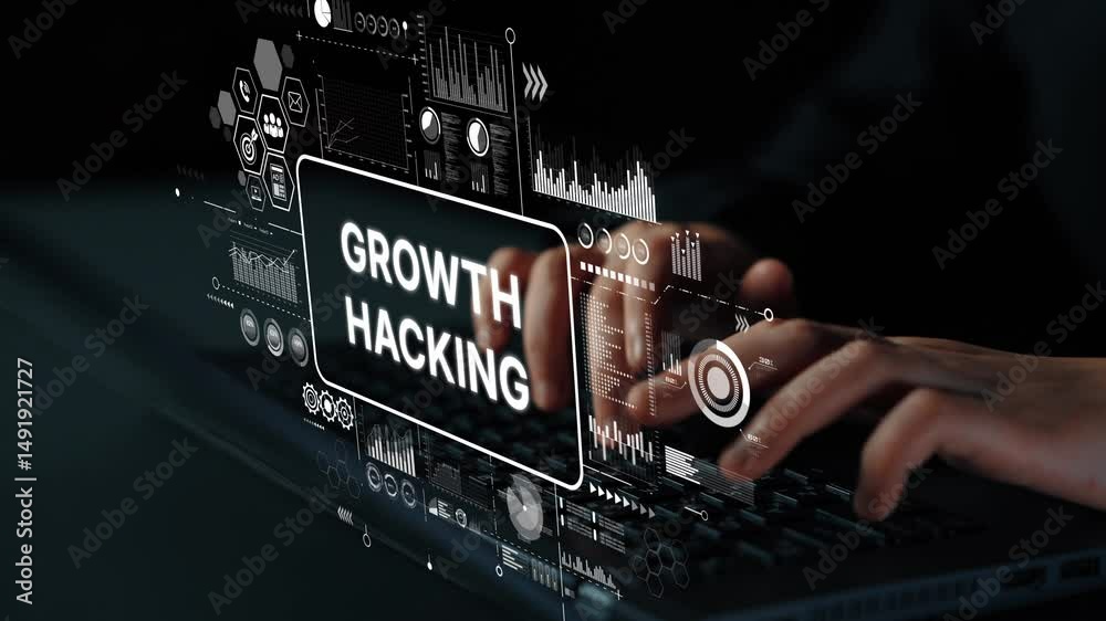 Poster hands on laptop keyboard displaying concept of growth hacking with data visualization and analytics.