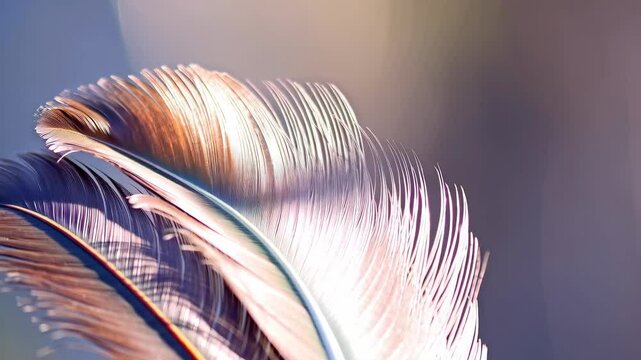 Soft focus image of delicate feather with fine barbs in gentle pastel colors against blurred ethereal background.