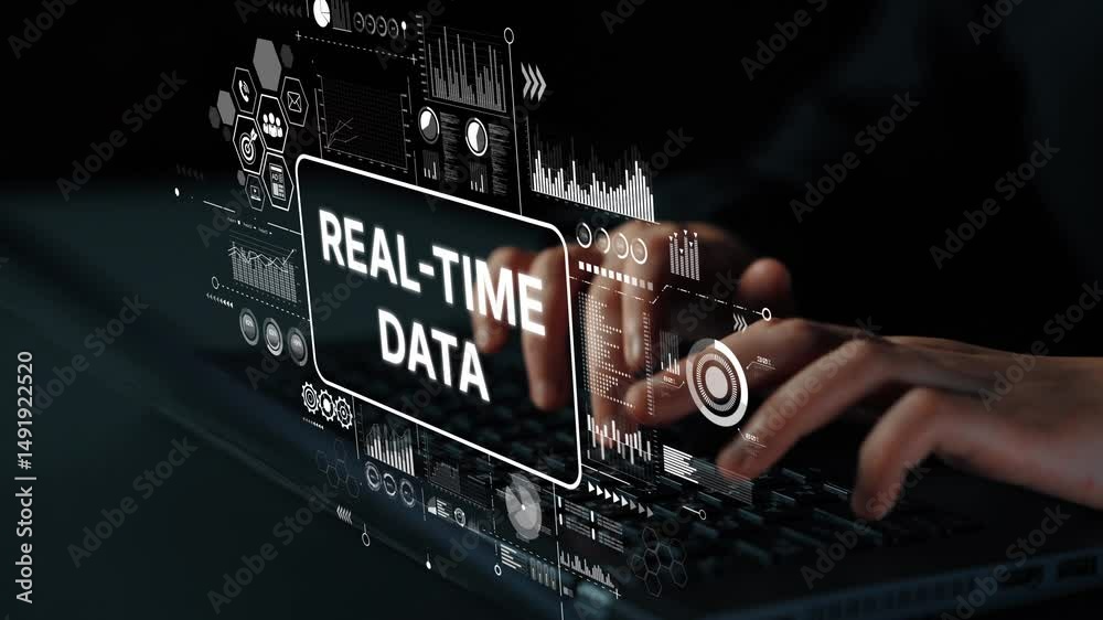Poster Futuristic Interface Displaying Real-Time Data Analytics with Hands Typing on Laptop Keyboard in Dark Environment. Asymptotic smart data analytic.