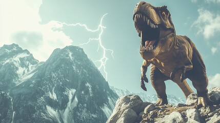 Tyrannosaurus Rex Roaring in Mountainous Terrain During a Storm