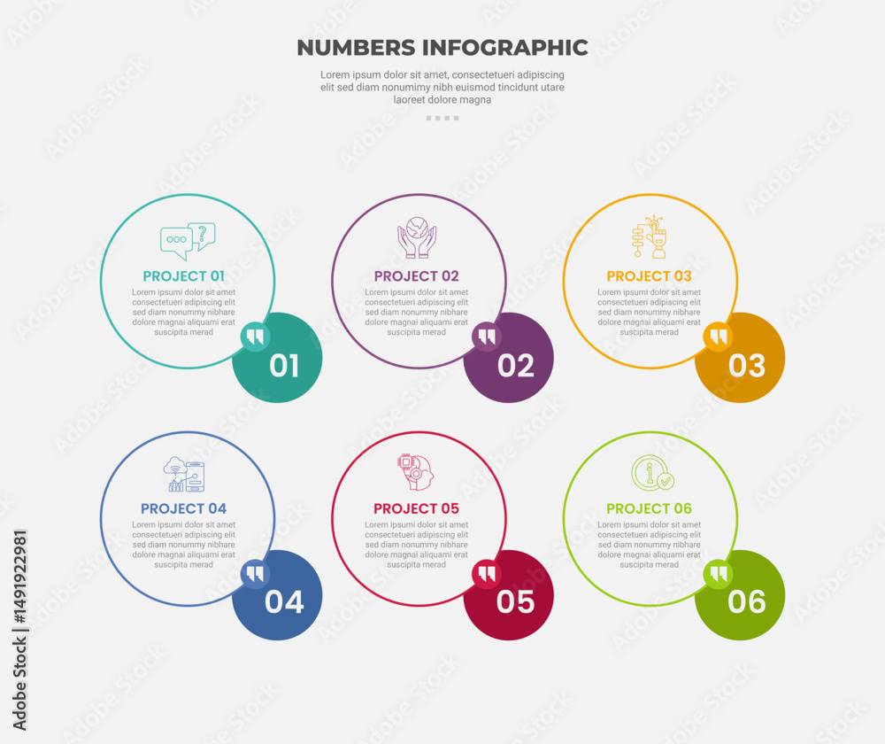 Aufkleber numbers or numerical infographic outline style with 6 point template with outline circle with quote 