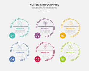 numbers or numerical infographic outline style with 6 point template with outline circle double line with small circle badge for slide presentation