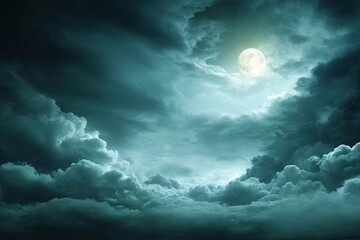 A full moon, shrouded in dark, stormy clouds