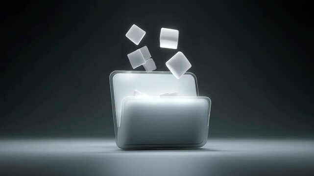 A modern 3D rendering of a glowing file folder with floating documents on a dark background.