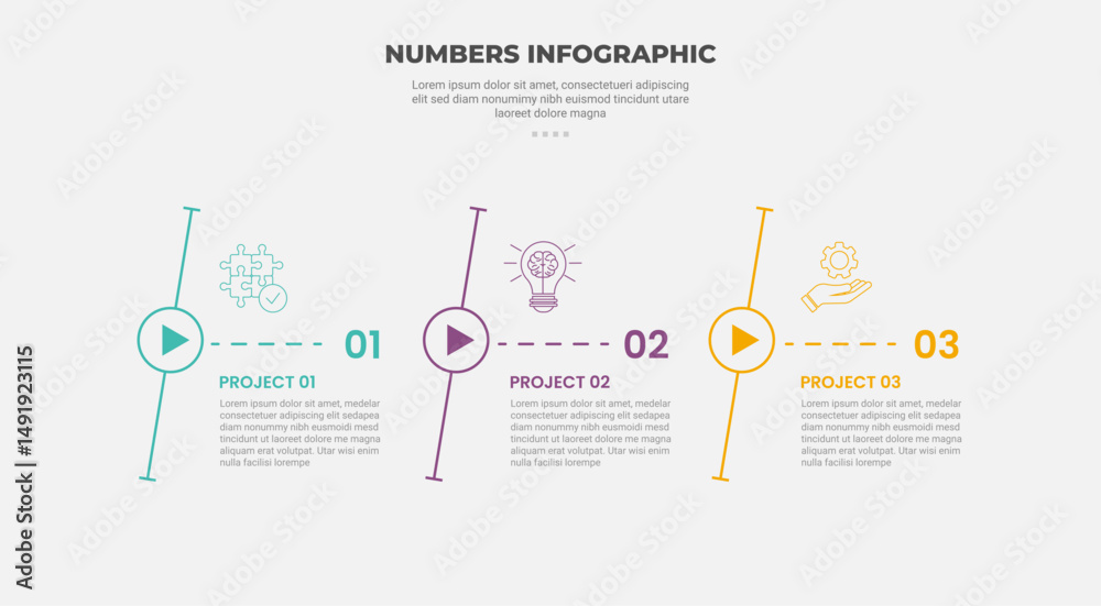 Aufkleber numbers or numerical infographic outline style with 3 point template with skew line and circle arrow