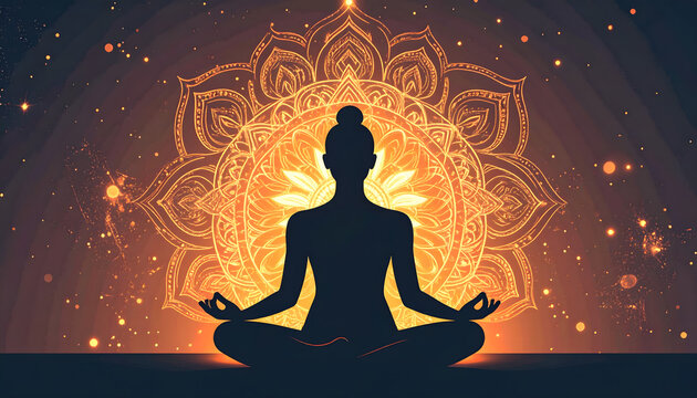 Flat Design: Meditating Silhouette with Glowing Mandala