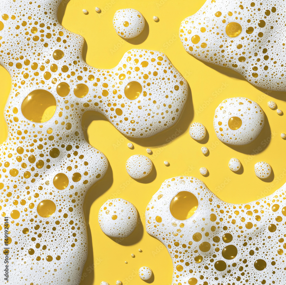 Poster White soap suds with bubbles on bright yellow background create cheerful and clean abstract pattern