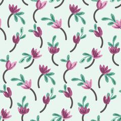 Watercolor painted lavender blooms forming a minimalistic pattern in colors of purple, lavender, pink and green on off green background. Valentine’s Day seamless vector pattern. Great for home decor.