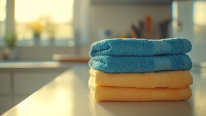 Folded towels on a kitchen counter