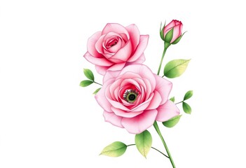 Delicate watercolor pink roses & green leaves, minimalist line art sketch, abstract floral design, abstract, soft