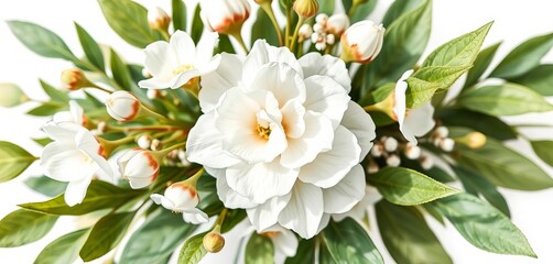 Obraz premium Delicate watercolor white floral bouquet with green leaves, isolated, flower, leaves