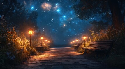 Fototapeta premium A serene walkway invites leisurely strolls, featuring charming benches and magical lanterns glowing softly under a blanket of twinkling stars, creating a peaceful ambiance.