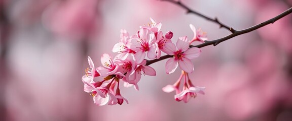 Obraz premium Delicate pink cherry blossoms on a branch against a soft background, ample copy space, elegant, card