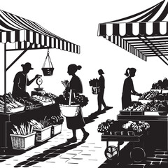 silhouettes of people in a cafe market vegetable outdor 
