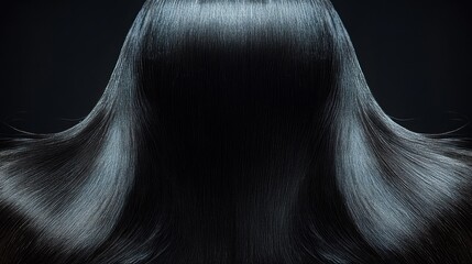 Long, shiny straight hair flows down the back of the head, captured against a stylish backdrop with soft lighting. The scene evokes elegance and grace.