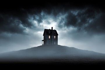 Haunted house on a hill at night