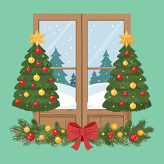 Christmas Window Scene with Decorated Trees Clipart