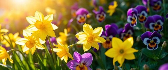 Close-up vibrant yellow daffodils & purple pansies bathed in morning sunlight Spring bloom texture, flowers, fresh