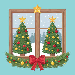 Christmas tree with gift boxes with window scene 
