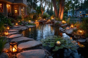 Obraz premium Backyard pond with water lilies and lanterns illuminating the stone path at dusk