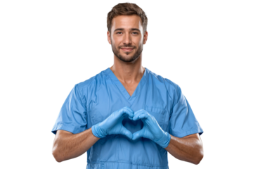 Portrait of a male nurse in scrubs showing a heart symbol with hands, isolated on transparent background