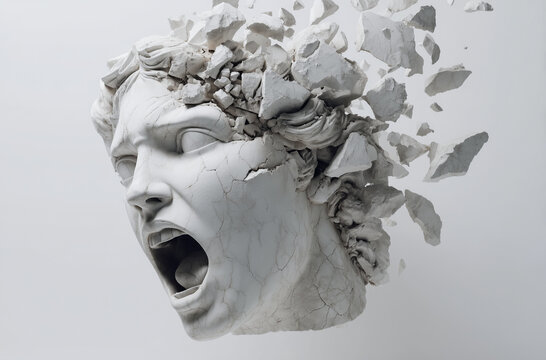White marble statue head exploding and screaming, representing mental health issues, stress and pain