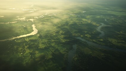 Misty river valley aerial view