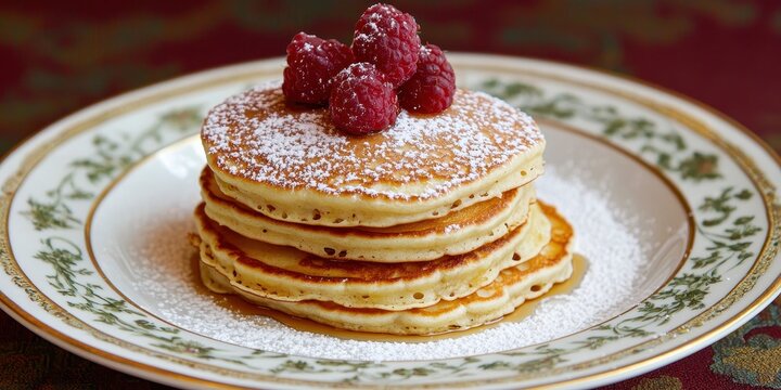 A stack of pancakes topped with raspberries and powdered sugar on a decorative plate.