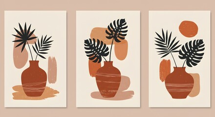 Set of Three Abstract Tropical Leaf Prints Minimalist Botanical Wall Art