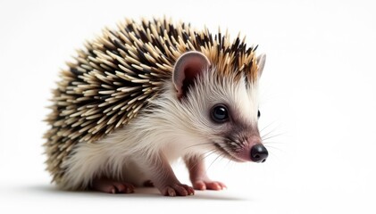 Naklejka premium Small hedgehog, curled in defense, white background, furry, brown