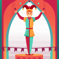Vector image of a male jester. Cartoon character, a juggler in a circus. Simple flat graphics, children's drawing, illustration.
