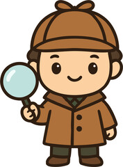 Cute Vector Cartoon Detective Boy Holding Magnifying Glass – Chibi Style Character in Brown Trench Coat