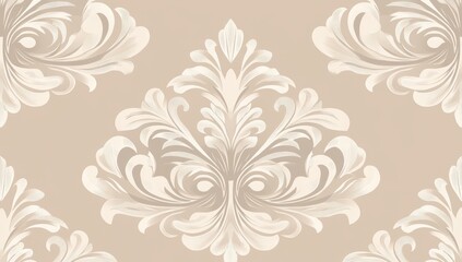 Beige damask pattern with repeating ornate white floral motifs