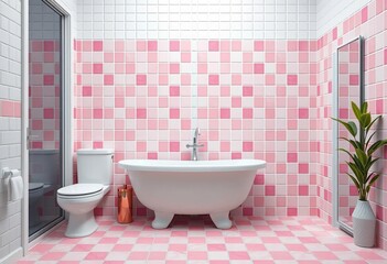 Pink and white checkered ceramic tile bathroom floor and wall mosaic , shiny, wall