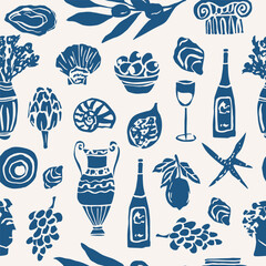 Plakat Flat vector doodle mediterranean seamless pattern