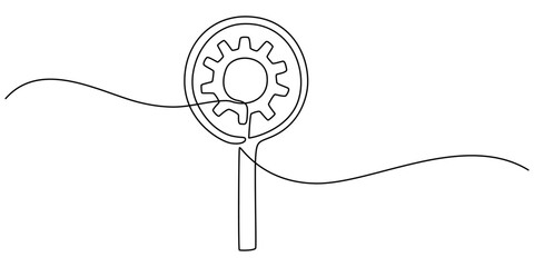 Concept of Business analysis and engine optimization in outline style. Used for logo, emblem, web banner, presentation, Gear and magnifying glass linear icon. Continuous one line drawing gear pro.