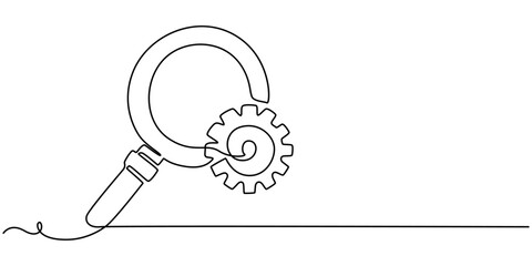 Concept of Business analysis and engine optimization in outline style. Used for logo, emblem, web banner, presentation, Gear and magnifying glass linear icon. Continuous one line drawing gear pro.