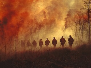 Fototapeta premium Soldiers march through a burning forest