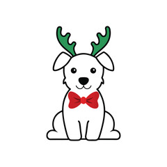 Vector art illustration of a cute dog wearing reindeer antlers and a Christmas bow tie.eps