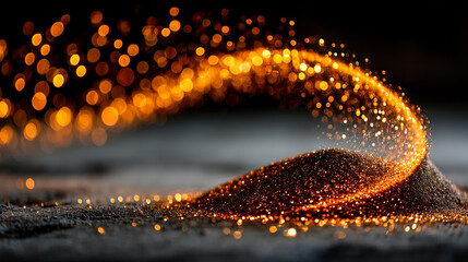 A mesmerizing swirl of orange and brown dust particles dances against a dark background, evoking a sense of cosmic energy, decay, or elemental transformation. The interplay of warm earthy tones with d