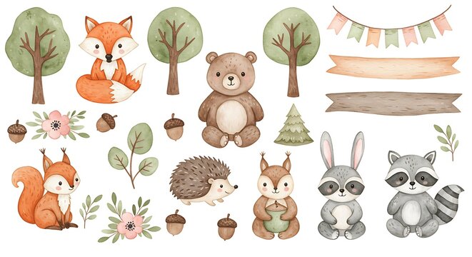 Fototapeta A charming collection of watercolor-style clipart featuring cute baby woodland animals like a bear, fox, squirrel, hedgehog, rabbit, and raccoon, along with trees, acorns, and banners.