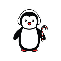 Vector art illustration of a penguin holding a candy cane and wearing earmuffs.eps