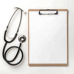 Empty Clipboard with Stethoscope on a White Surface, Ready for Customization