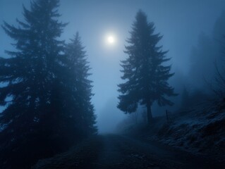 Misty Forest Landscape with Tall Evergreen Trees and a Glowing Moon in a Dark and Moody Blue Tone at Night