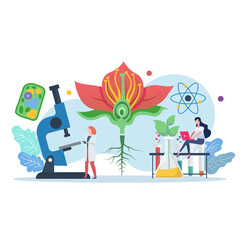 Science lab and school class. Biology scene with miniature people. Biology lesson at college.