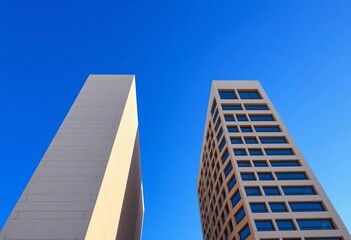 Low-angle view of modern beige building against a vibrant blue sky Minimalist geometric design, ample copy space, background, blue