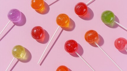 Colorful round lollipops on sticks arranged on a pastel pink background