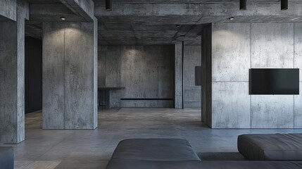 Obraz premium Modern concrete interior design. Large open space with dark gray walls and floor