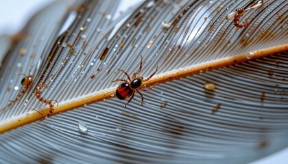 a bird feather with clinging mites under a microscope copy space: position the subject clearly in the center.